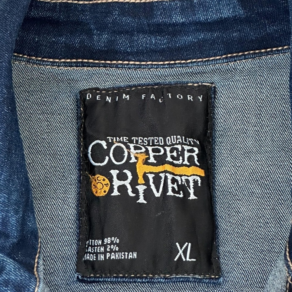 Copper Rivet Denim Jacket Mens XL Blue Bomber Graphic Checkered Street Art Skull - Picture 8 of 10